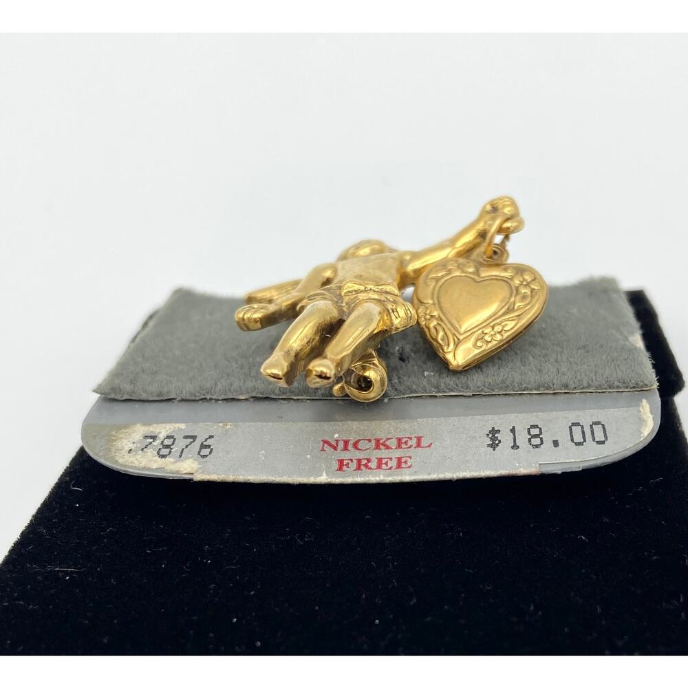 1928 Brand Angel Wings Cherub Brooch Pin Heart Dangle Victorian Style Gold Tone - Picture 5 of 11